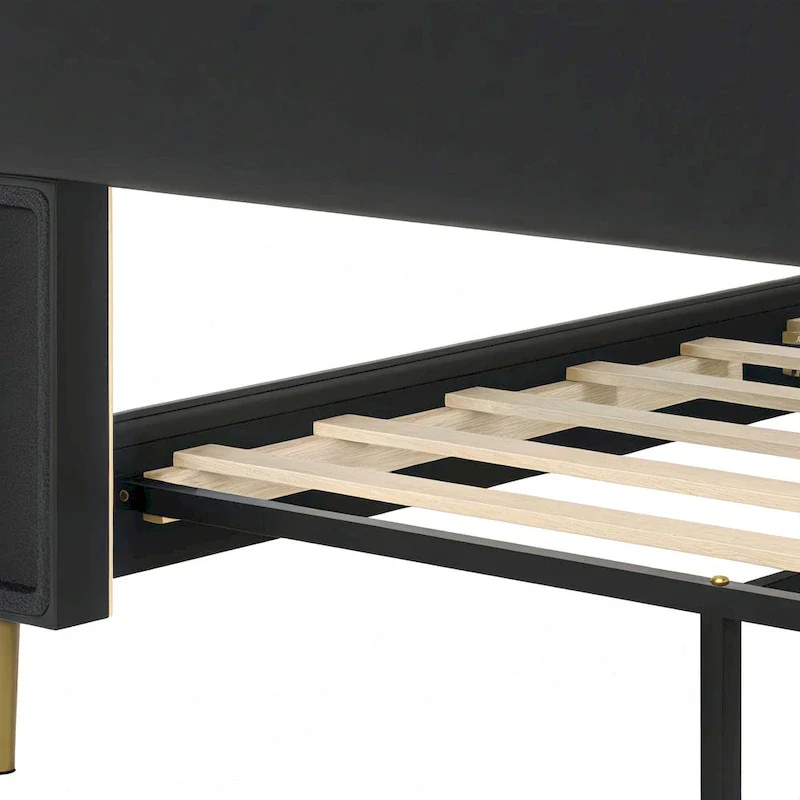 Leather Upholstered Bed with Headboard & Footboard, Solid Wood Slats & Legs