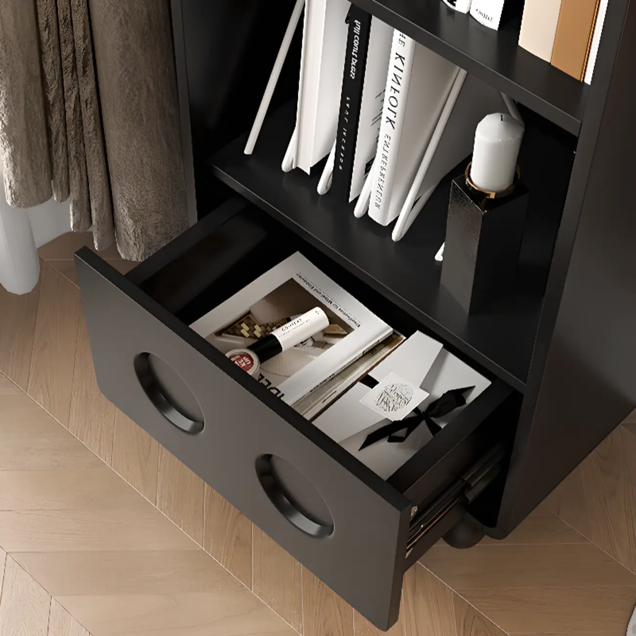 Narrow Black Wood 5-Tier Rolling Bookcase with Drawers