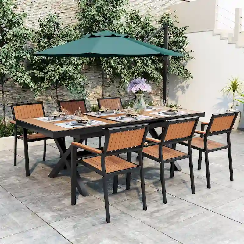 Outdoor Dining Set with 6 Chairs and X-Shaped Legs Extendable Table, Aluminum Patio Dining Table Set