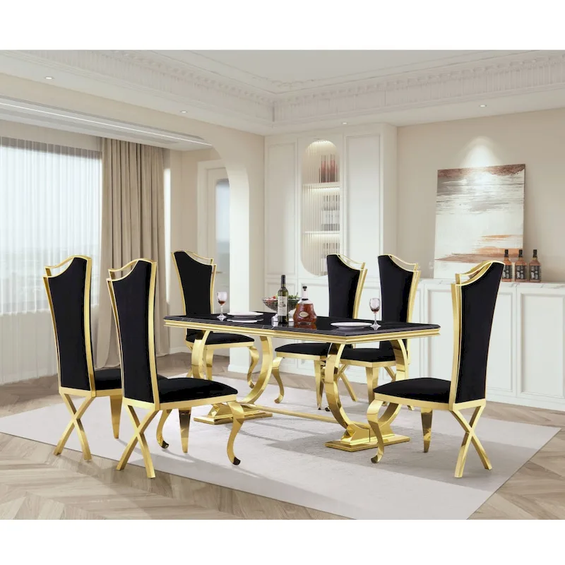 Dining Table with Circular Pedestal Base - Marble Texture Top, Seats 4-8 (Black/Grey/White)