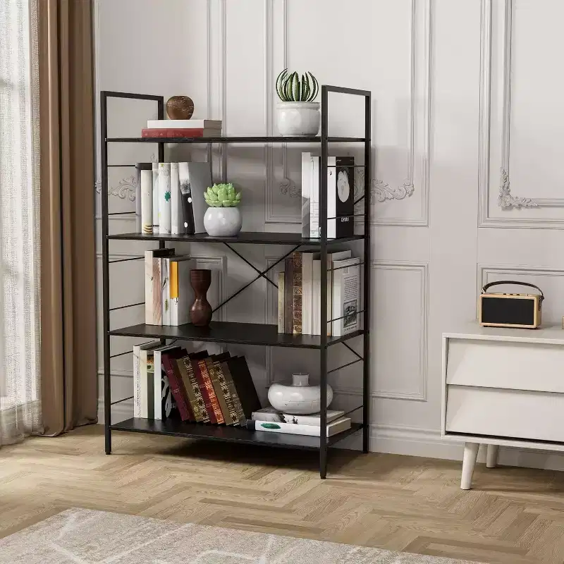 Acekool 4 Tier Industrial Bookshelf, Brown Storage Shelf with Steel Frame, X Bars, for Living Room Bedroom Office, 30 x 14 x 45 Inch