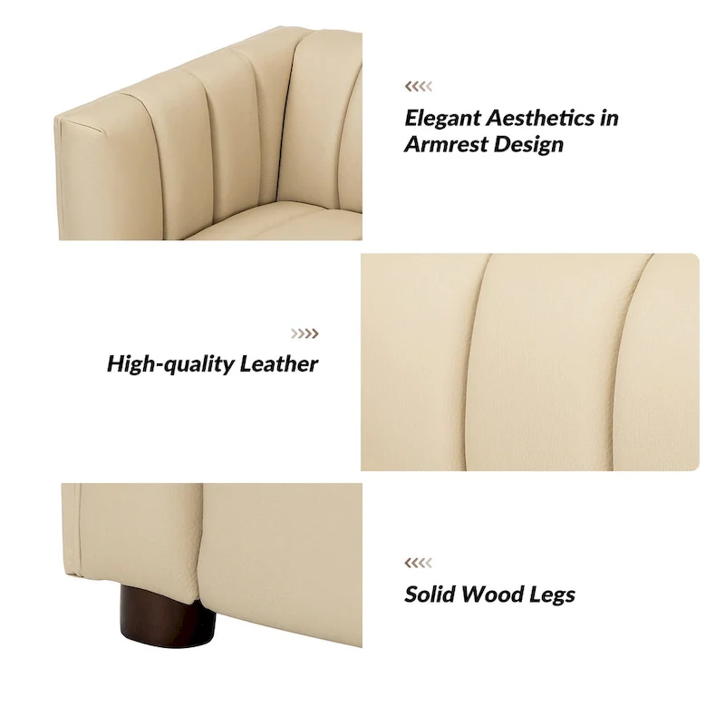 83-inch genuine leather curved sofa with a grooved backrest.