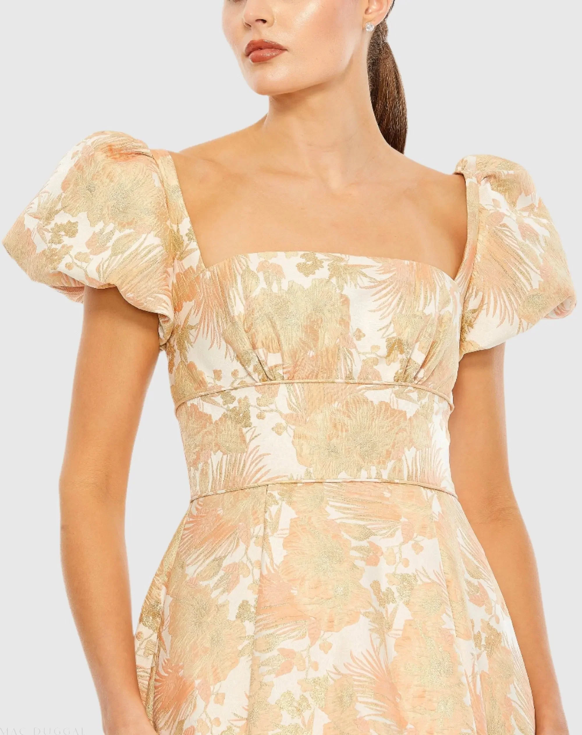 Orange Floral Print Puff Sleeve High Low Brocade Gown