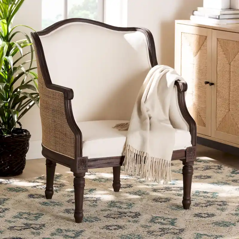 Beige Fabric & Dark Brown Wood Traditional French Accent Chair, Seats 1