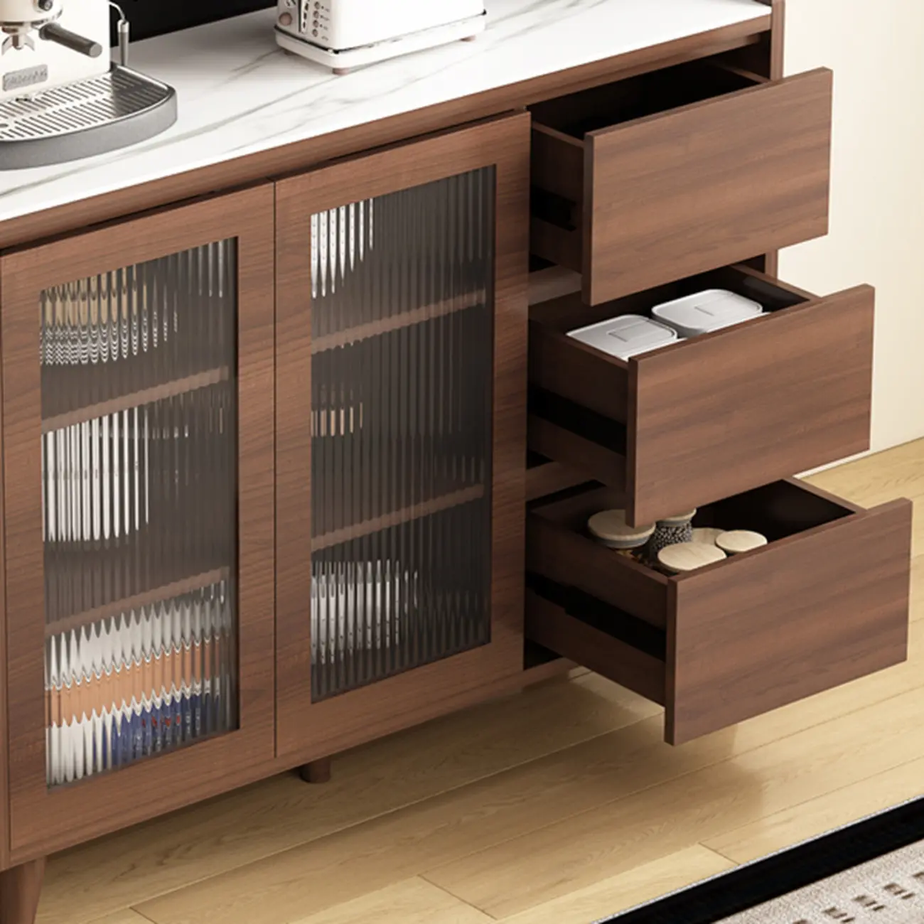 Wide Brown Wooden Pegboard Back Sideboard with Hutch