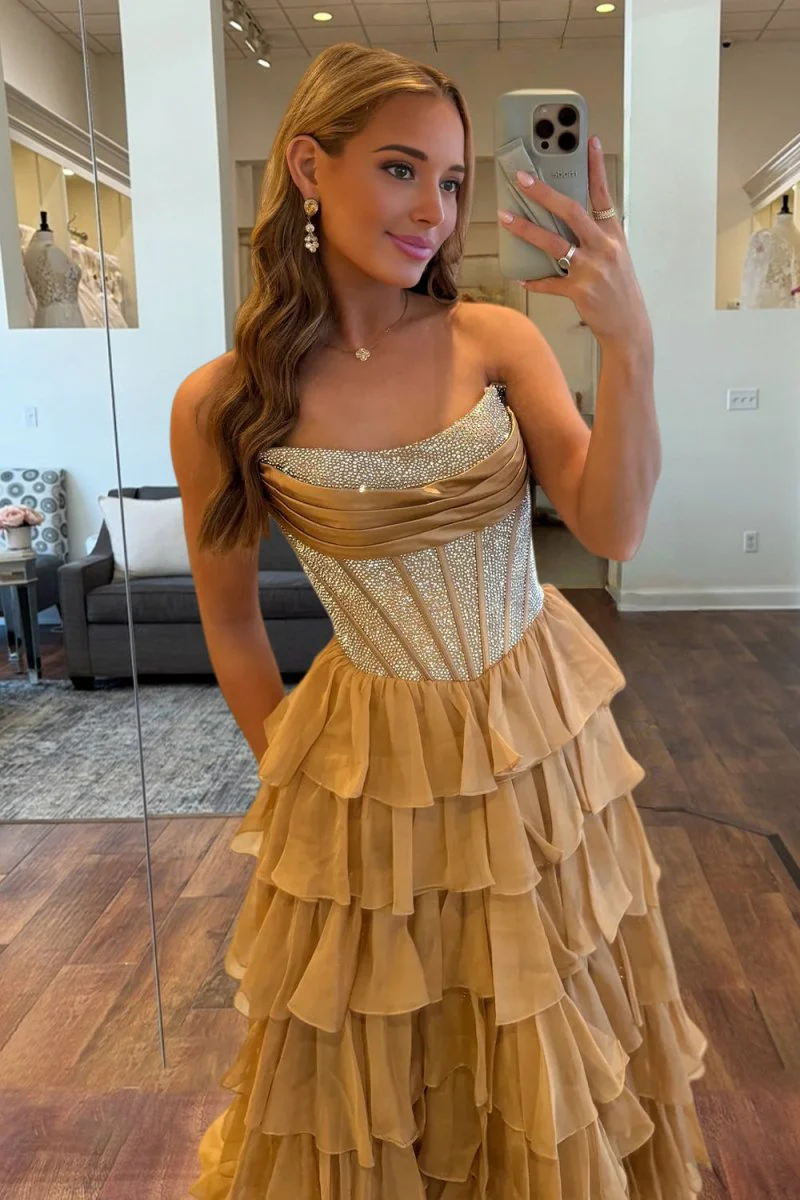 Gold - A Line Strapless Chiffon Beaded Corset Long Prom Dress With Slit