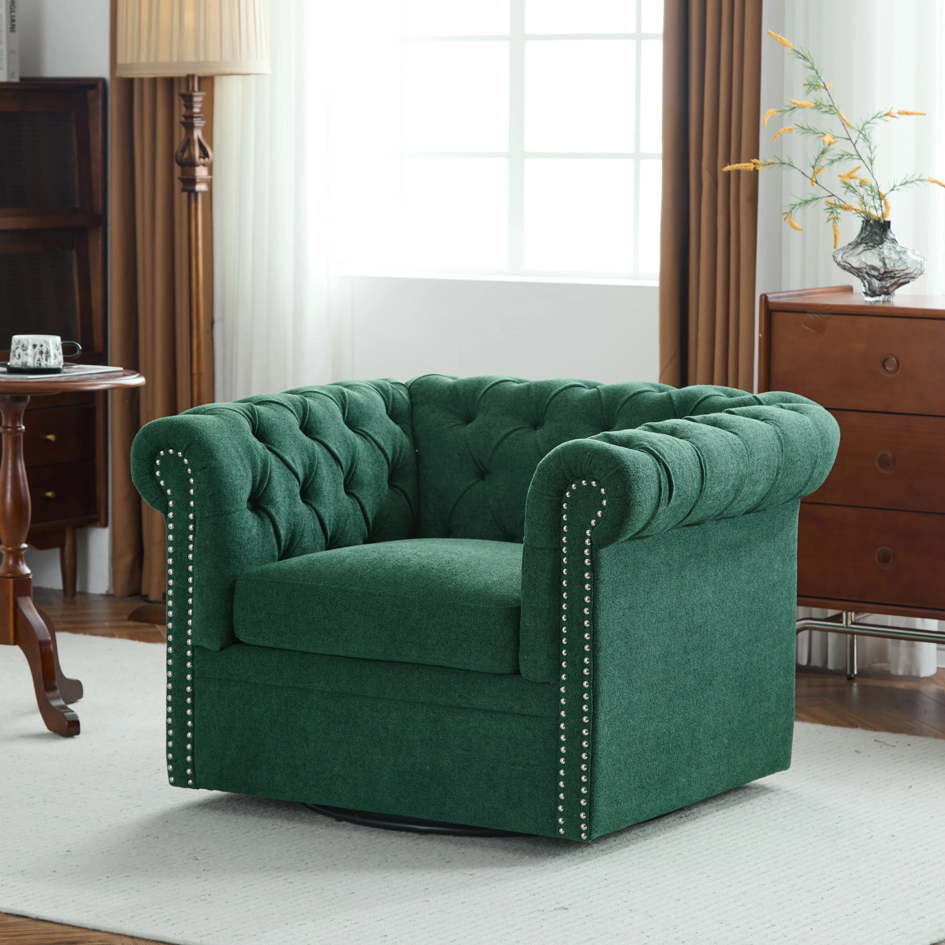 Chesterfield Swivel Club Chair Tufted Faux Leather with Nailhead Trim