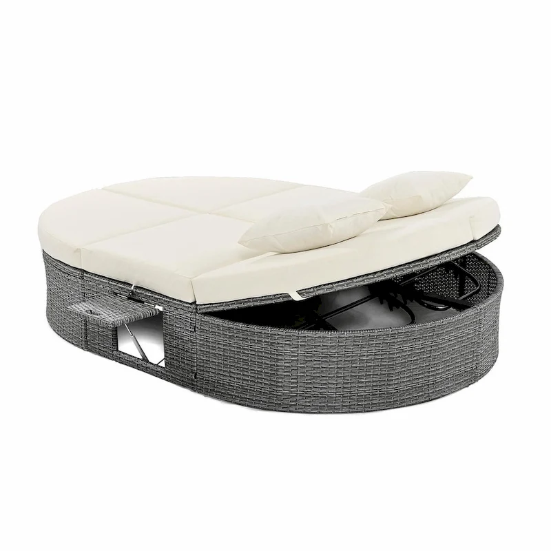 Rattan Patio Daybed with Cushions, Reclining Chaise Lounge, Foldable Trays