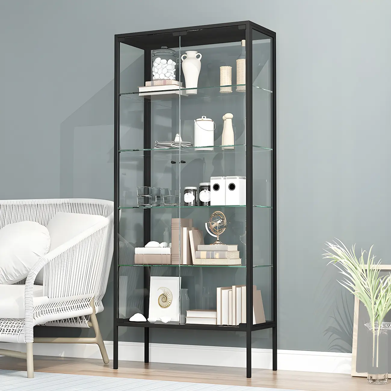 Black Metal Frame Glass Shelves Curio Cabinet