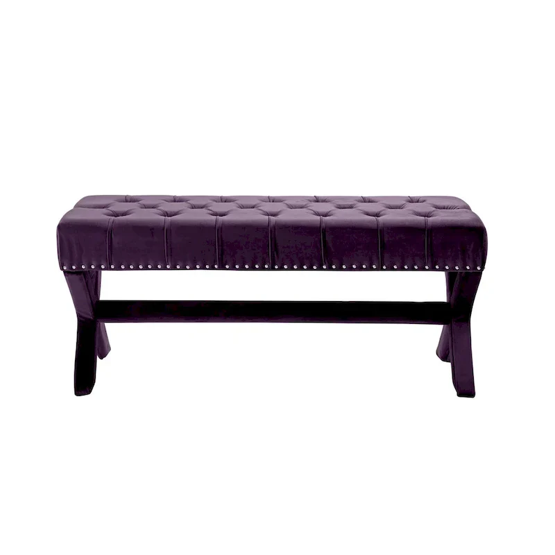 HomeRoots 45 Plum Velvet Upholstered Bench - 45.27L x 19.68W x 19.29H