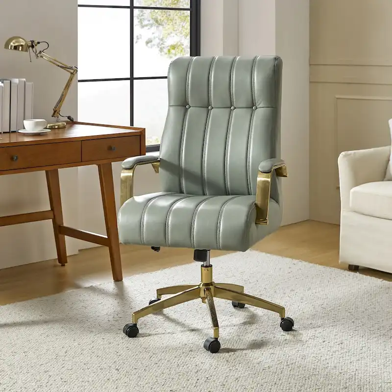 Curtiz Mid-Century Modern Vegan Leather Swivel Tilting Office Chair with Channel Tufted and Metal Feet by HULALA HOME