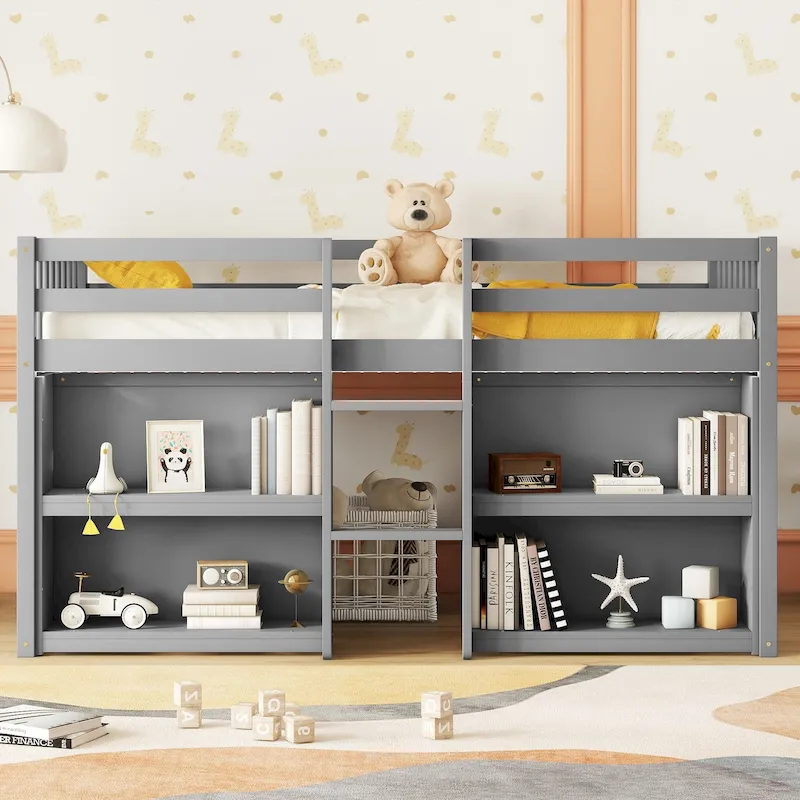 Grey Twin Size Wood Low Loft Bed with Shelves & LED Light | Kids Bedroom