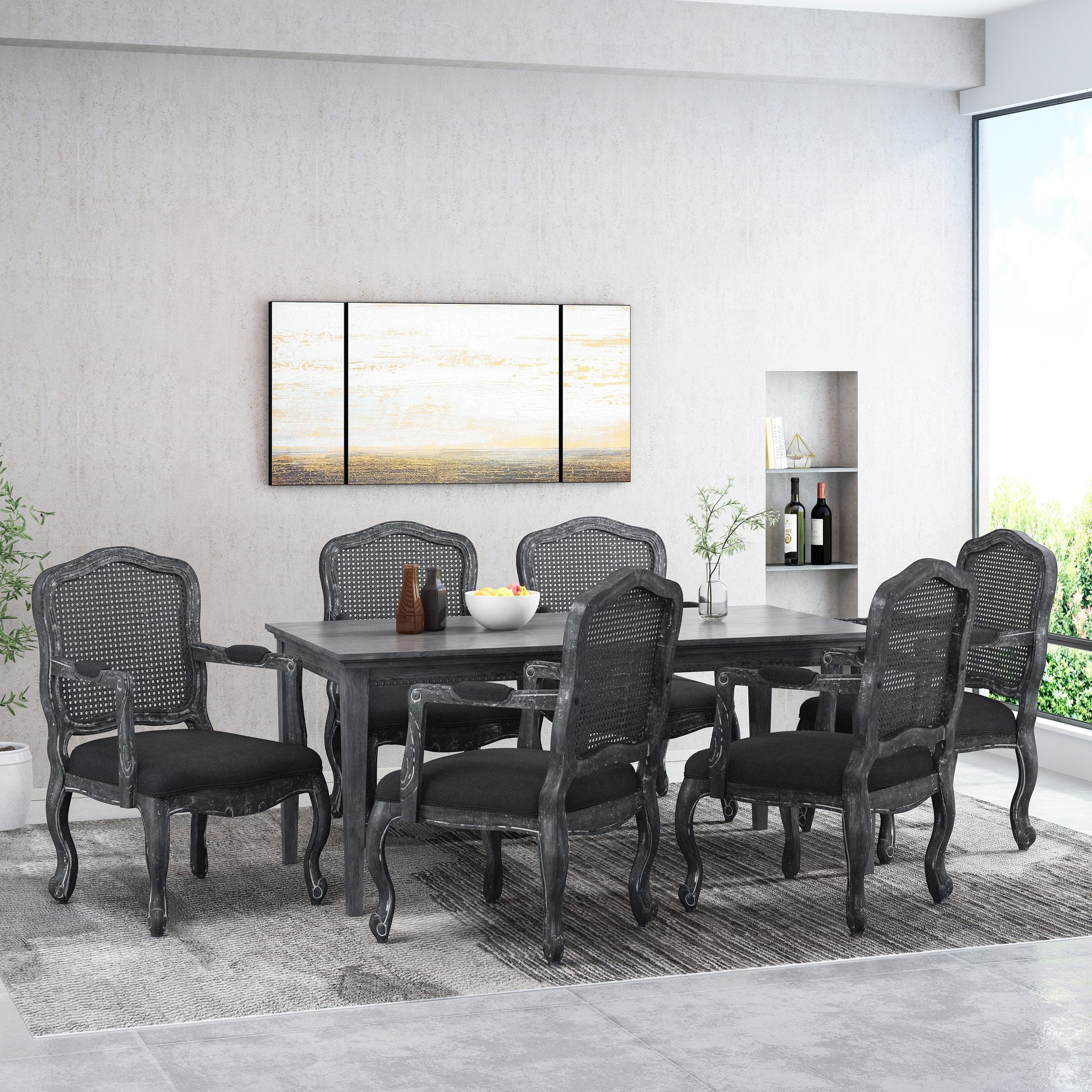 French Country Wood and Cane Upholstered Dining Armchair - NH542513