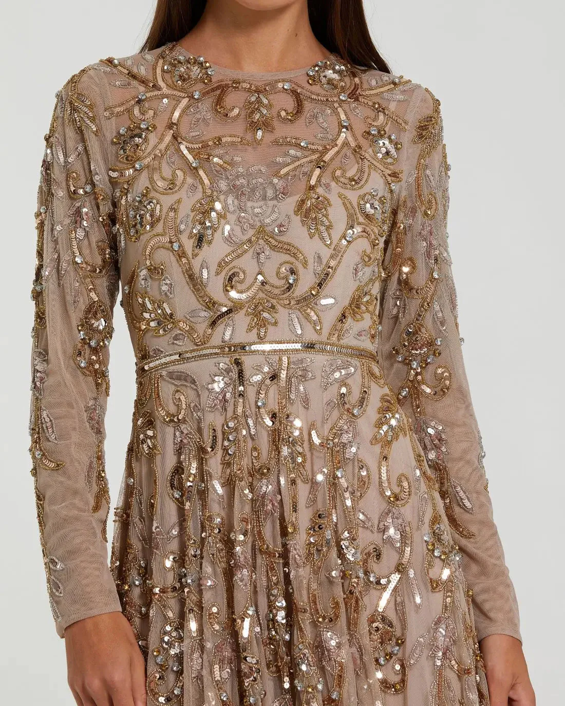Beige Long Sleeve Hand Embellished Gown