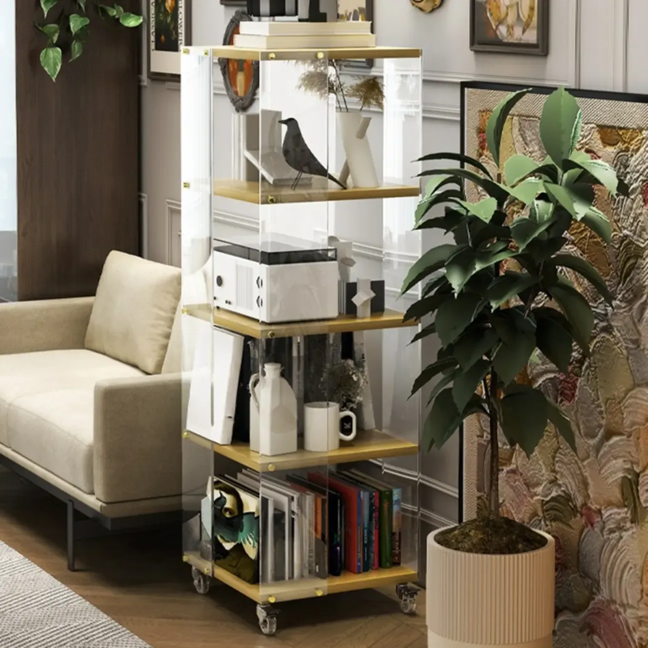 Acrylic 4-Tier Narrow Open Back Bookcase with Wheels