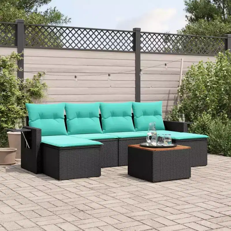 vidaXL 7 Piece Garden Sofa Set with Cushions Black Poly Rattan