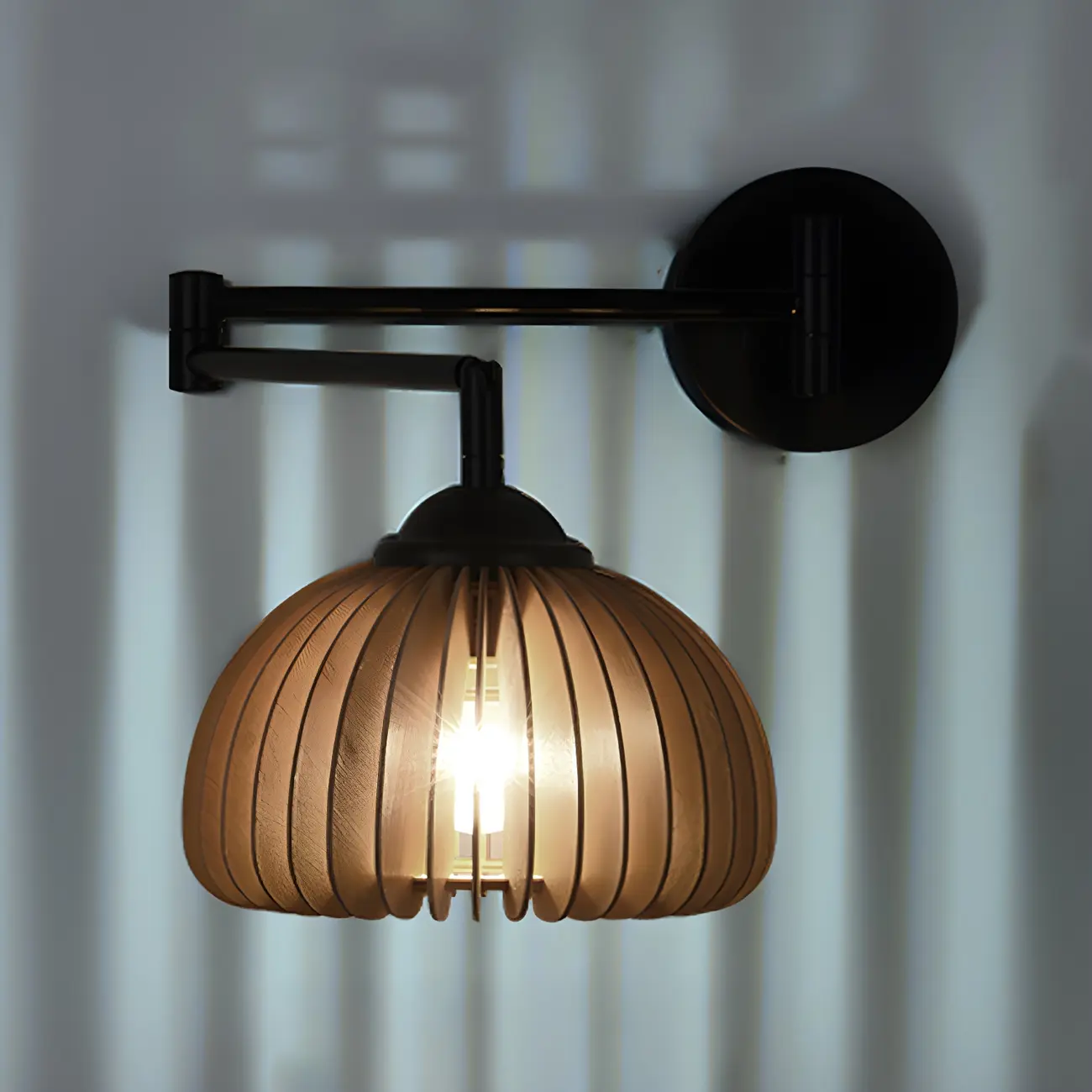 Black Metal Swing Arm Wall Light with Wood Shade