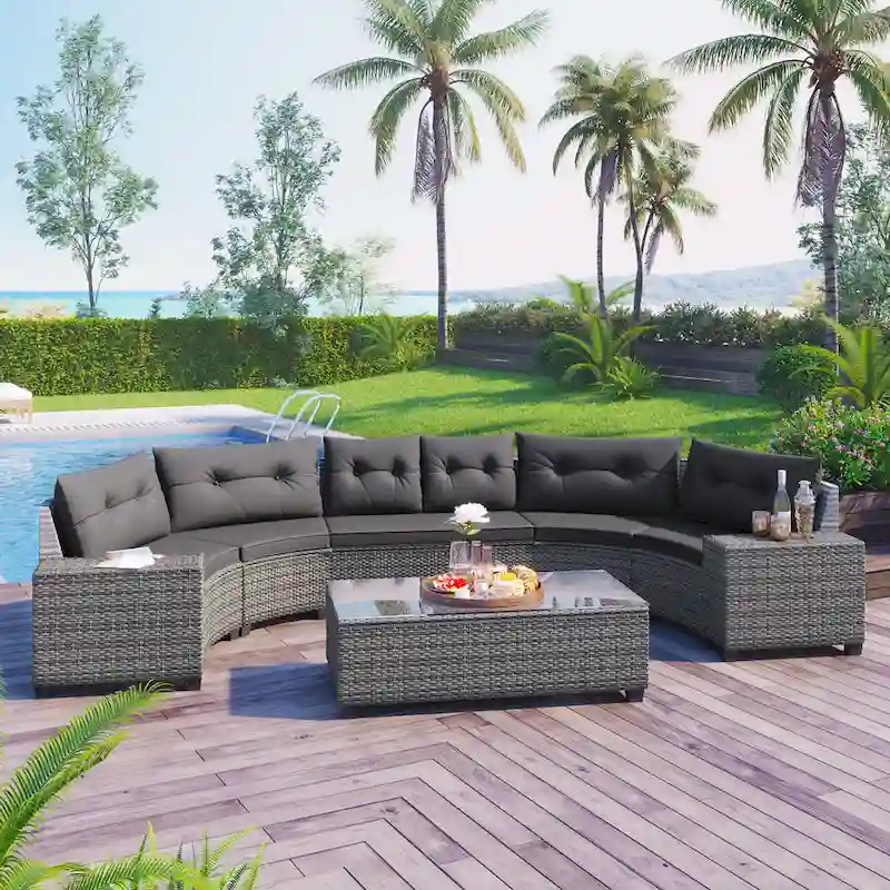 8-Piece Half-Moon Sectional Sofa Set with Rectangular Table