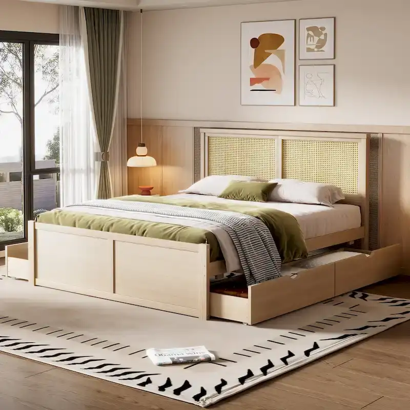 Queen Size Wood Platform Bed with 4 Storage Drawers and Rattan Headboard