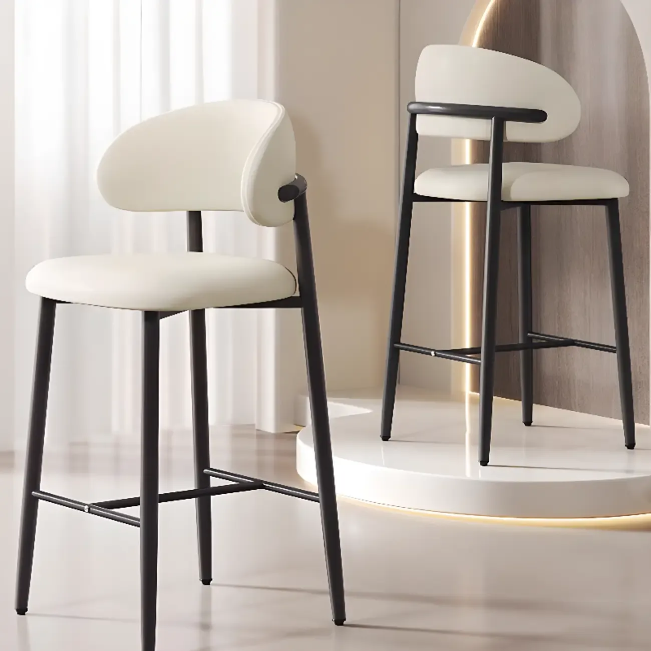 Modern Off-White Leather Curved Back Counter Bar Stools