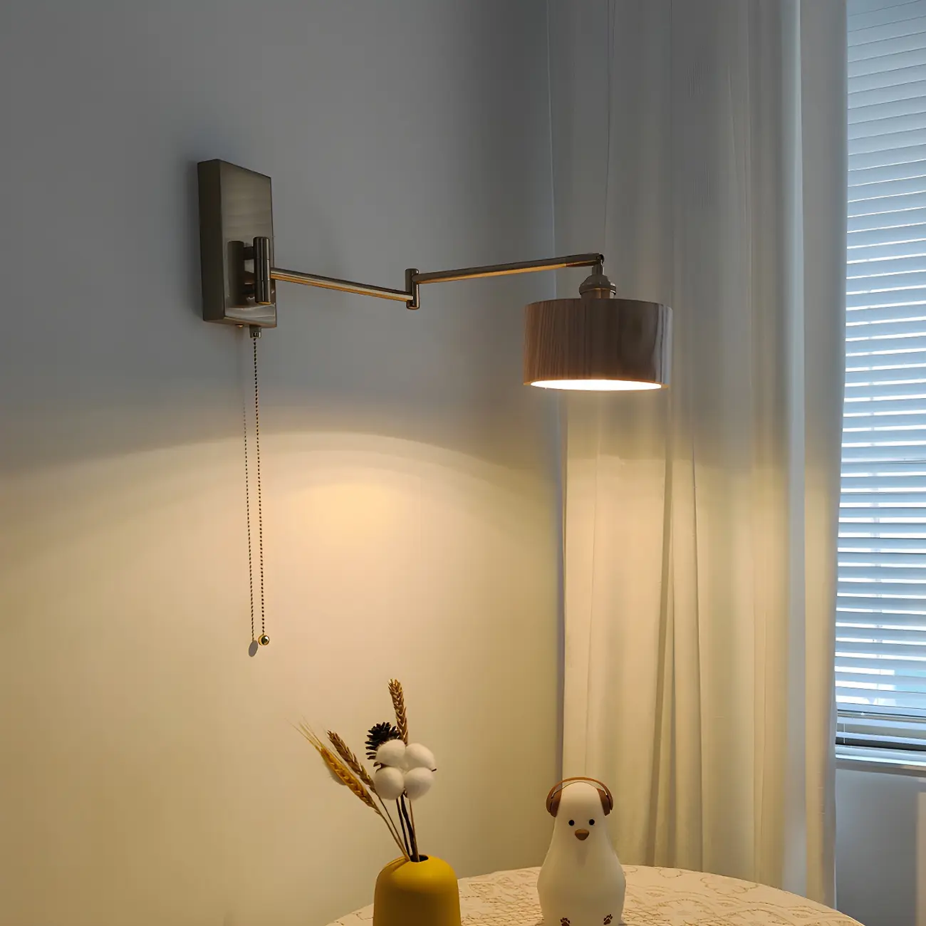 Brown Wood Shade Brass Metal Swing Arm Wall Light