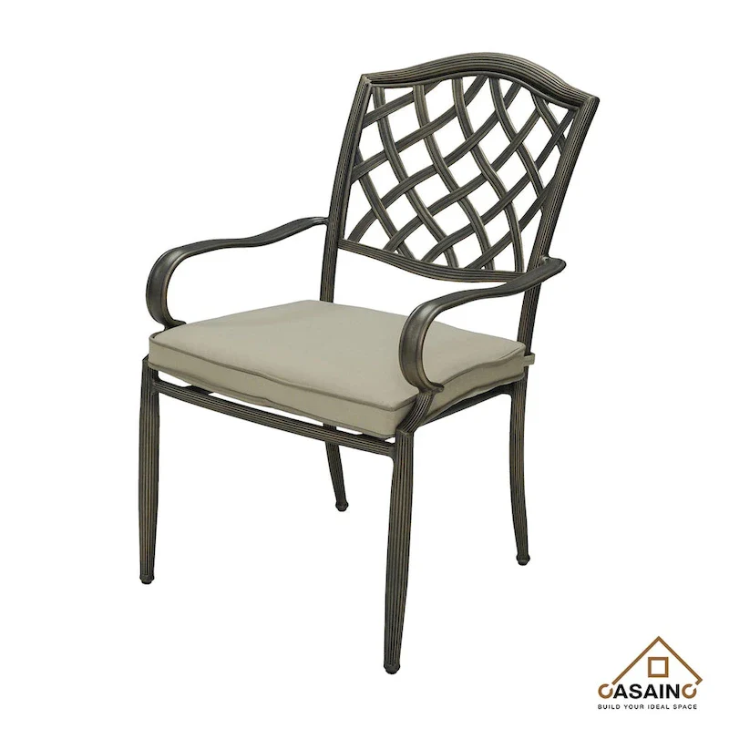 4-Piece Brown Cast Aluminum Outdoor Arm Dining Chair Patio Bistro Chairs with Cushion