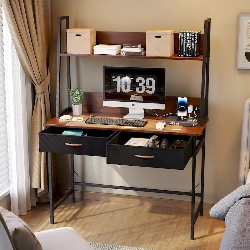 Brown / White Computer Desk with Power Outlet, Bookshelf & 2 Drawers – Single