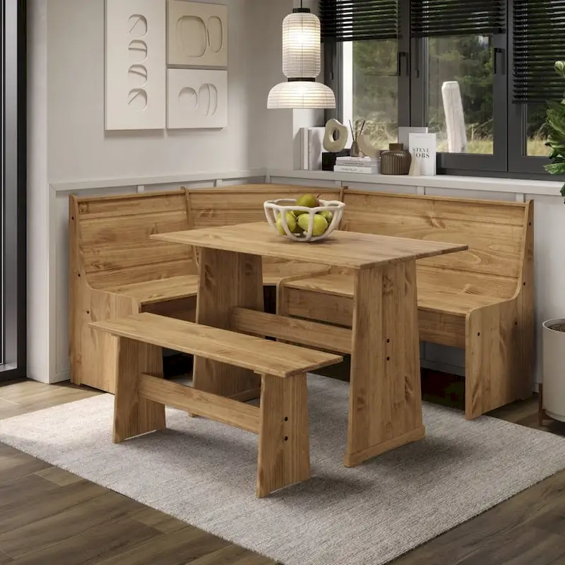 Corner Dining Set Solid Pine Wood Table 3 Benches Antique Brown Eco-Friendly Space-Saving
