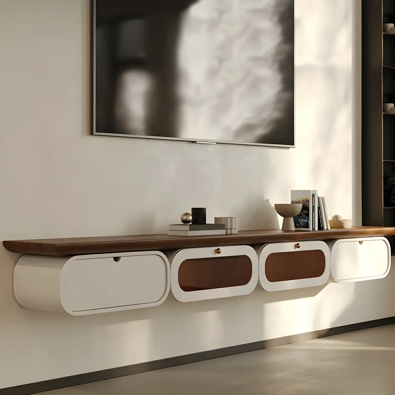 Brown Modern Wood Floating TV Stand with Storage Drawers
