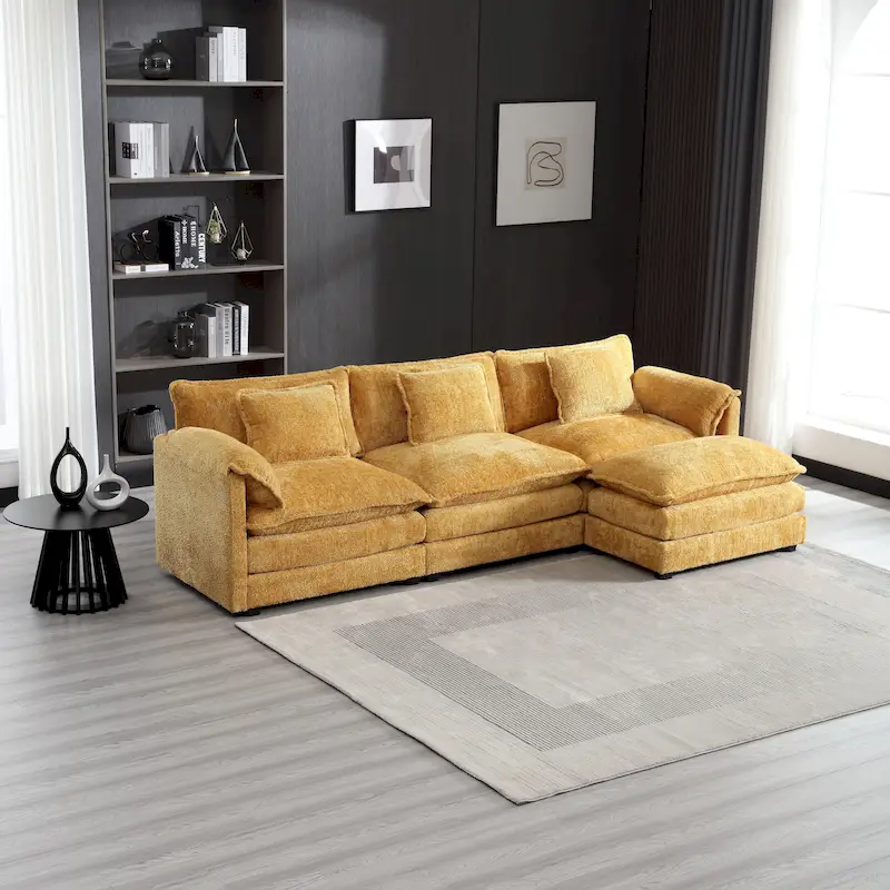 Yellow 112.2 L-Shaped 4-Seat Sectional Sofa in Modern Boucle Fabric with Removable Cushions and Detachable Armrests