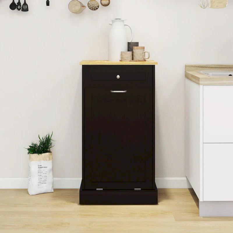 White Tilt-Out Trash Cabinet with Drawer - Single Compartment for Kitchen