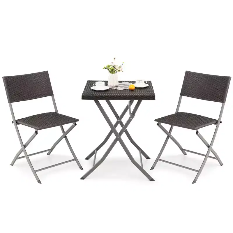 Costway 3PCSPatio Folding Rattan Bistro Set Chairs Backrest Table Garden Deck