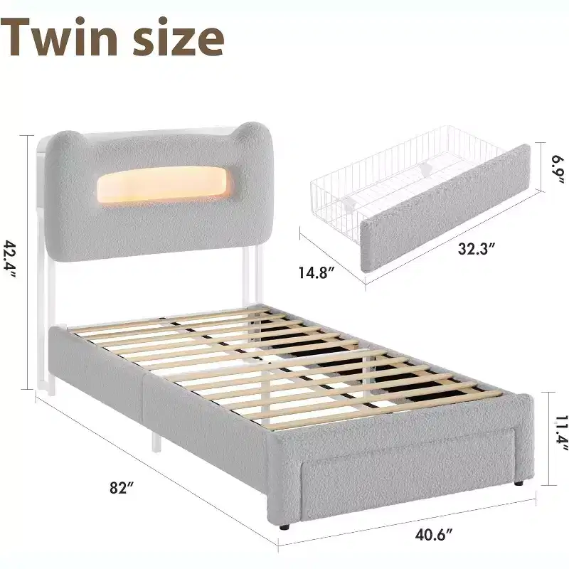 Twin Size Bed Frame - 2-Tier Storage Headboard, Upholstered Platform Bed with Charging Station & Drawer, Beige (For Kids/Boys/Girls)