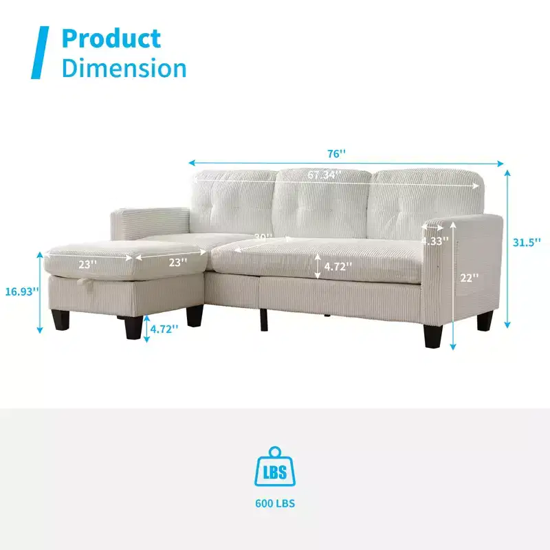 Mjkone 76 Convertible L-Shaped Sectional Sofa with Storage Ottoman,Corduroy 3-Seater Couch