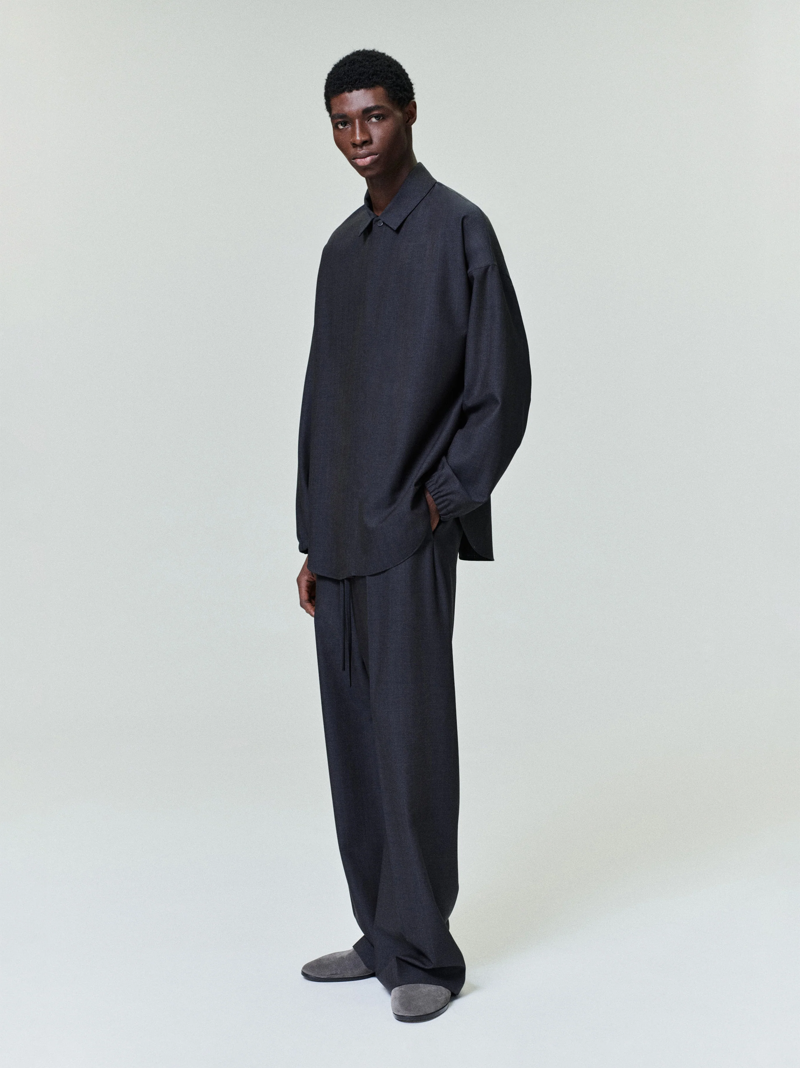 Grey Striped Wool Elastic Cuff Shirt