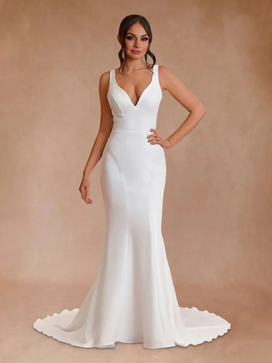Ivory Plunge V Open Back Mermaid Long Wedding Dress