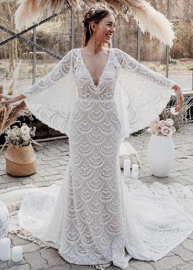 Unique Lace V-Neck Mermaid Bohemian Flare Long Sleeve Beach Bridal Gowns