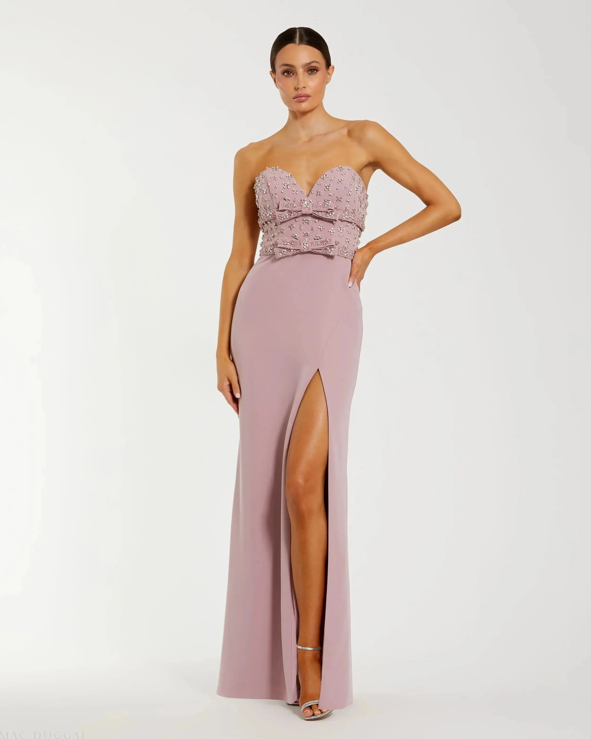 Strapless Rhinestone Bodice Crepe Gown