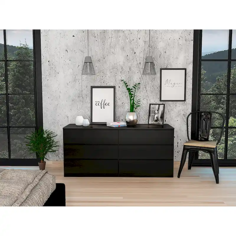 6-Drawer Dresser, Black/White/Light Gray/Light Oak, Metal Rails, Modern