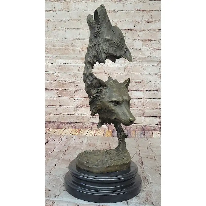 Howling Wolves Bronze Sculpture  Striking Dual Imitative Wolf Heads On Marble Base