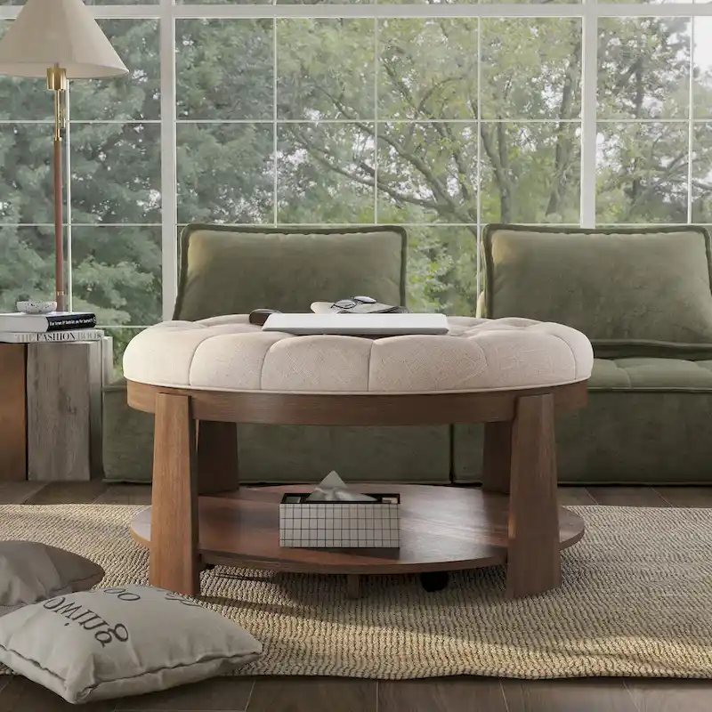 Dark Grey / Beige Round Tufted Ottoman with Wheels, Seats 1, Open Shelf