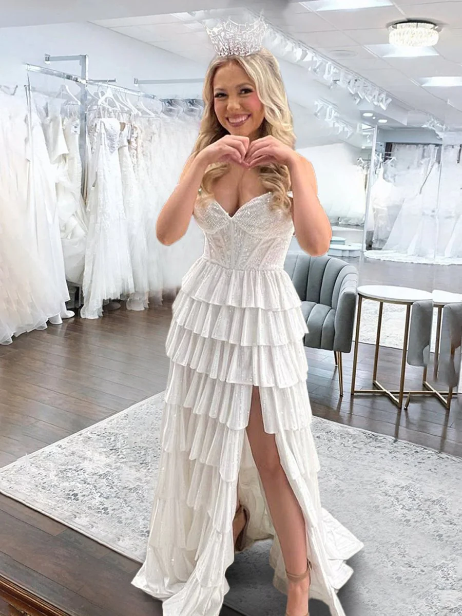 A Line Off-the-Shoulder Satin Tiered Long Prom Dresses With Beads