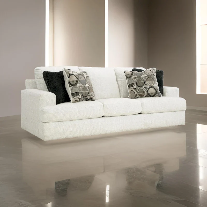 96 Inch Sofa, Oversized, 4 Accent Pillows, Soft White Polyester