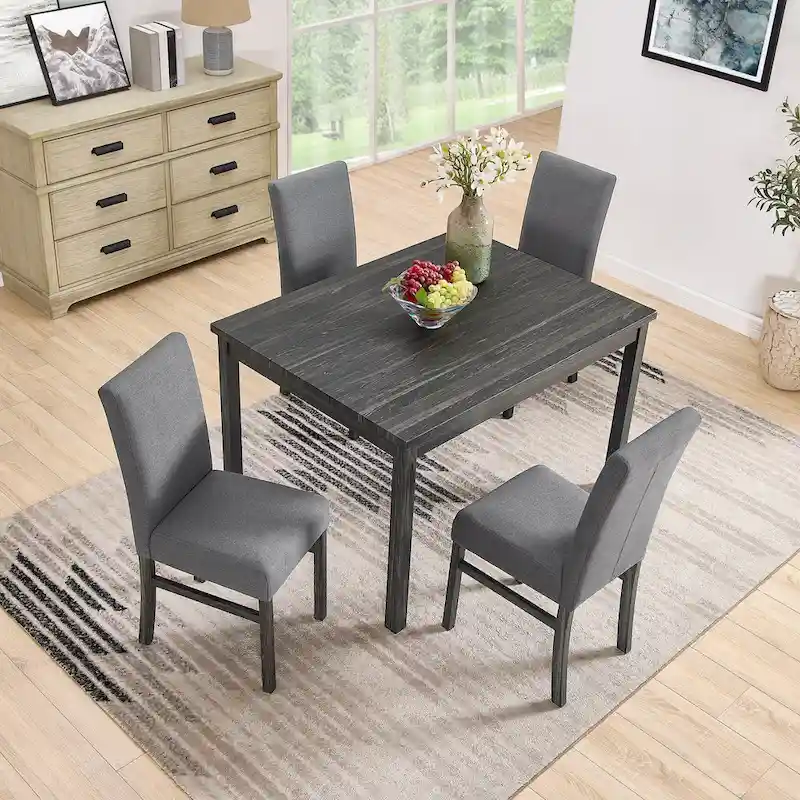 Rustic Style 5-Piece Dining Set with Rectangular Small Space Table and 4 Upholstered Dining Chairs