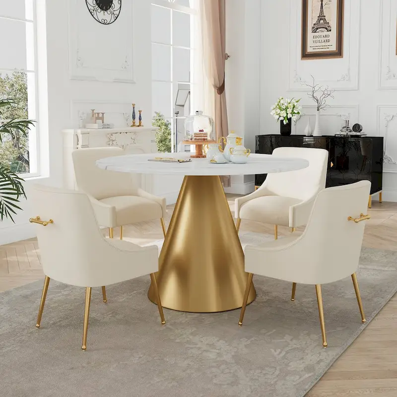 48 Marble Top Metal Dining Table with Velvet Dining Chair Set