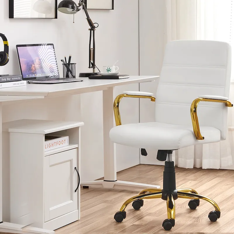 White Gold-Frame PU Leather Swivel Office Chair, 1-Person