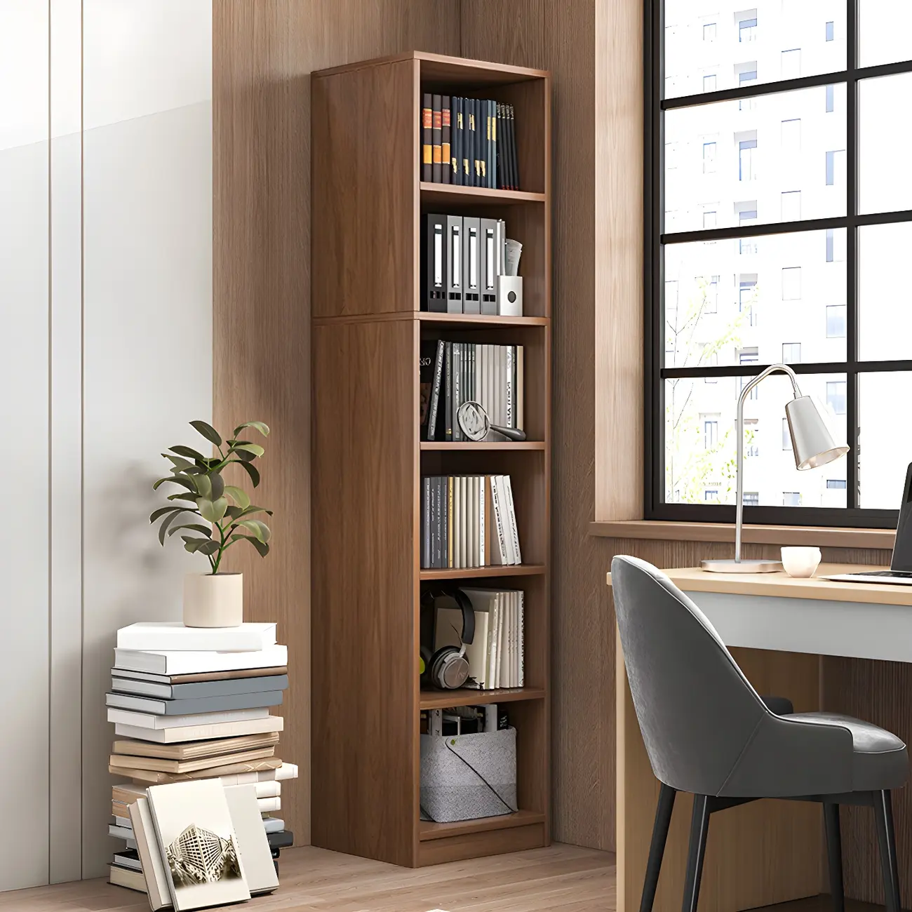 Narrow Tall Brown Wood 6-Shelf Closed Back Bookcase