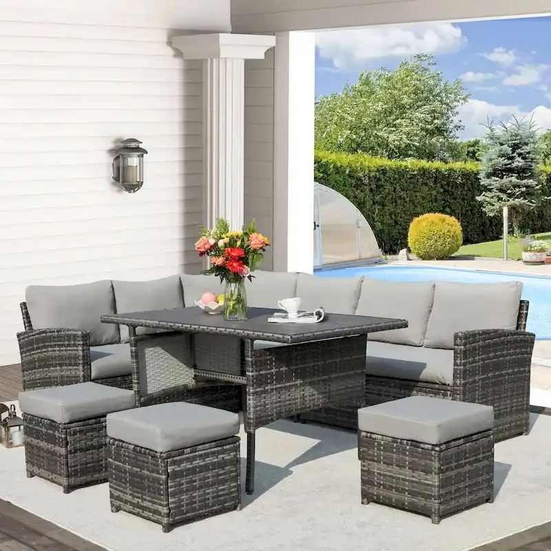 AECOJOY 7PCS Outdoor Patio Wicker Rattan Furniture Set Sectional Sofa