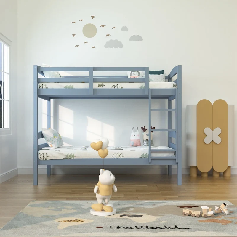 Modern Gray Solid Wood Twin Over Twin Bunk Bed with Ladder