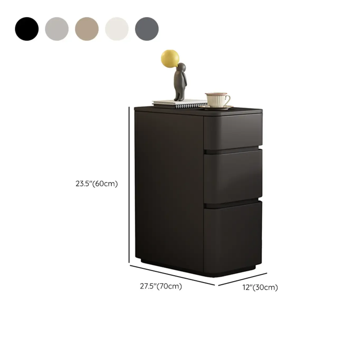 Narrow Leather Wood 3-Drawer Black Nightstand